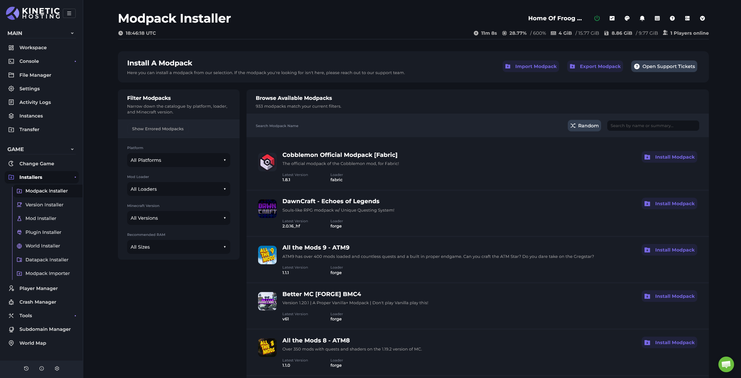 Kinetic Panel's modpack installer with available modpacks