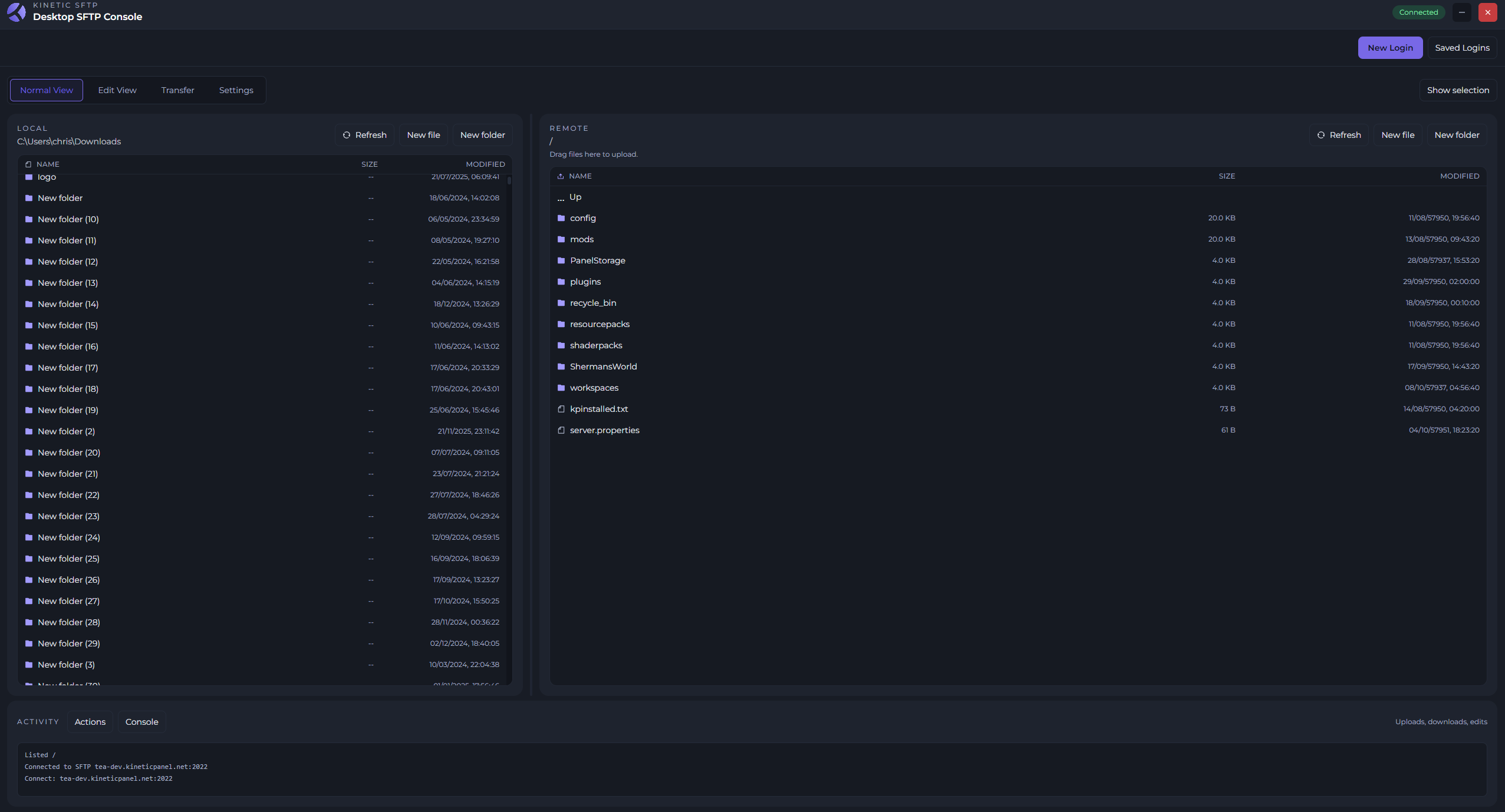 Kinetic SFTP Normal View with local files on the left and remote server files on the right