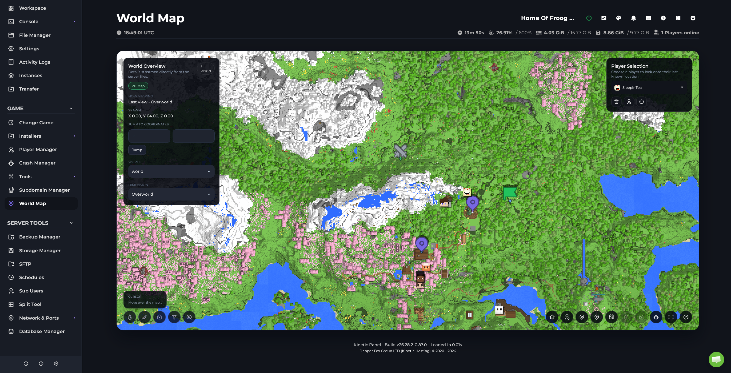 Kinetic Panel's world map with terrain, player locations, and world controls